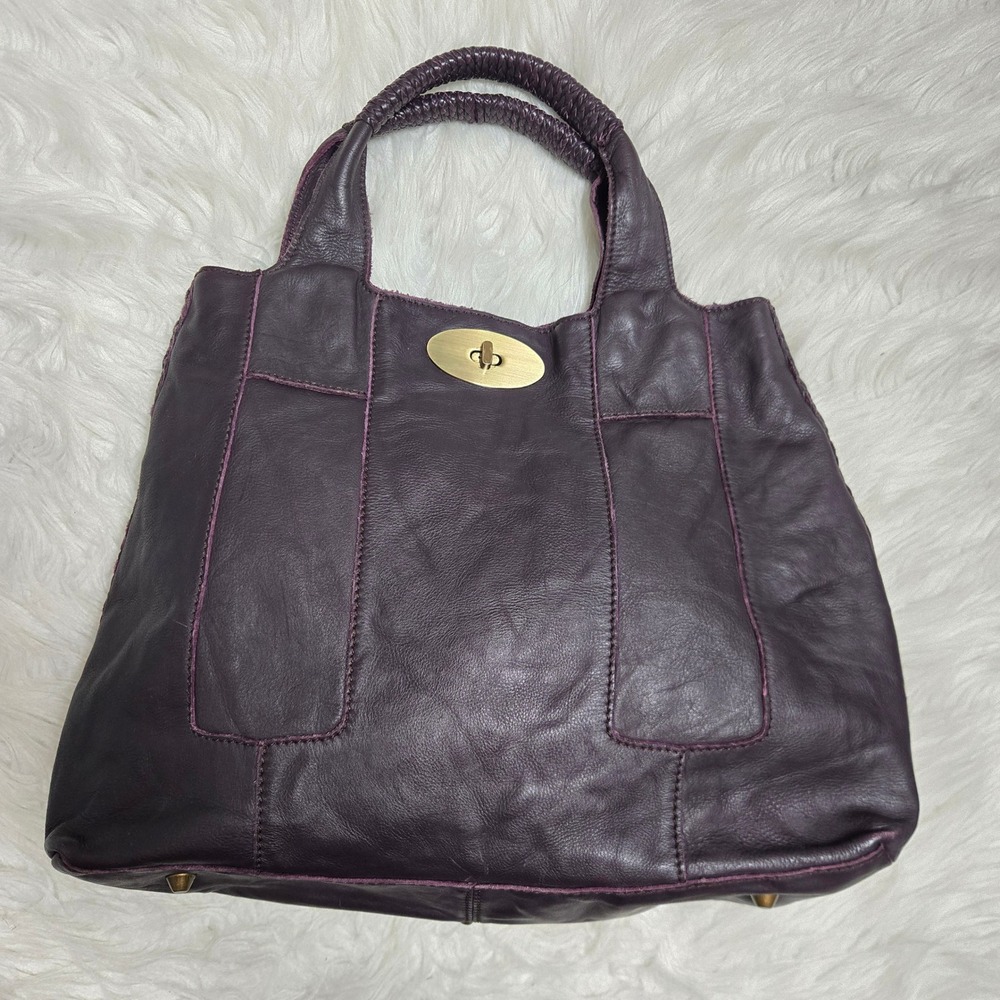Plum Purple Cow Leather Tote Bag Braided Handles Turn Lock Closure Large